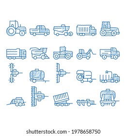 Agricultural Vehicles sketch icon vector. Hand drawn blue doodle line art Agricultural Transport, Harvesting Machinery Pictograms. Harvesters, Tractors, Irrigation Machines, Combines Illustrations