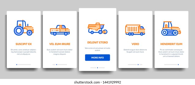 Agricultural Vehicles Vector Onboarding Mobile App Page Screen. Agricultural Transport, Harvesting Machinery Linear Pictograms. Harvesters, Tractors, Irrigation Machines, Combines Illustration