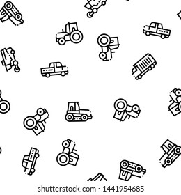 Agricultural Vehicles Vector Seamless Pattern. Agricultural Transport, Harvesting Machinery Linear Pictograms. Harvesters, Tractors, Irrigation Machines, Combines Color Contour Illustrations