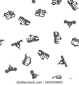 Agricultural Vehicles Vector Seamless Pattern. Agricultural Transport, Harvesting Machinery Linear Pictograms. Harvesters, Tractors, Irrigation Machines, Combines Color Contour Illustrations