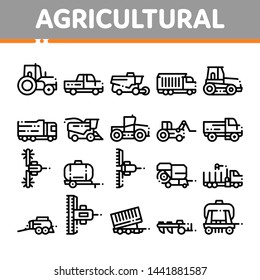 Agricultural Vehicles Vector Thin Line Icons Set. Agricultural Transport, Harvesting Machinery Linear Pictograms. Harvesters, Tractors, Irrigation Machines, Combines Color Contour Illustrations