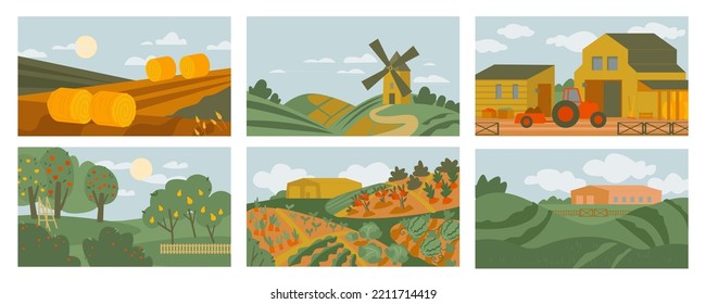 Colección de vistas agrícolas. Fondo de naturaleza rural. Granjas, jardines en verano. Estilo de vida rural. Ilustración vectorial editable. Pancarta paisajista. Fondo horizontal. Conjunto de diseño gráfico.