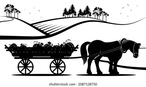 Agricultural village landscape. Tired horse drags wooden cart with pumpkin harvest. Autumn harvest, village life. Minimalistic black and white vector isolated on white background