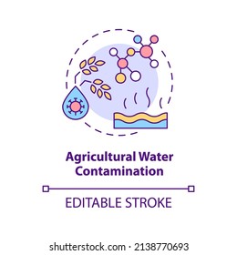 Icono del concepto de contaminación del agua agrícola. Ilustración de la delgada idea abstracta del tipo de contaminación del agua. Uso de plaguicidas. Dibujo de contorno aislado. Trazo editable. Fuentes Arial, Myriad Pro-Bold utilizadas