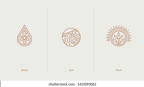 Agricultural Water, Soil, Plant Logo Template Set, Vector Pictogram Outline Illustration