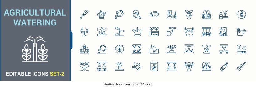 Agricultural Watering line icon. Includes icons for smart, plant, farming, farmer, drop, house, growth and more. Minimalistic icons. Editable stroke. Vector illustration.