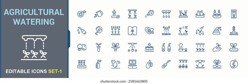 Agricultural Watering line icon. Includes icons for smart, plant, farming, farmer, drop, house, growth and more. Minimalistic icons. Editable stroke. Vector illustration.