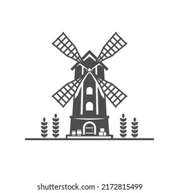 Agricultural windmill farm country tower wind mill wheat cultivation flour production vintage icon vector illustration. Rural farming countryside technology baking house ecology harvest energy