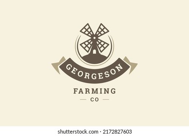 Molino de viento agrícola con estampado de diseño vintage del logotipo de la cinta festividad. Producción industrial ecológica agrícola ecológica alternativa ecología energética ecológica productos alimenticios