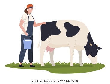 Agricultural woman cow milking with metallic basket on green grass vector flat illustration. Female farmer taking care to animal with milk bucket. Rustic routine work with dairy natural product
