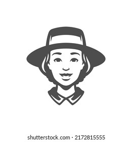 Agricultural woman in hat portrait friendly smiling harvest cultivation farm market organic food production livestock vintage icon vector illustration. Female gardener eco friendly product countryside