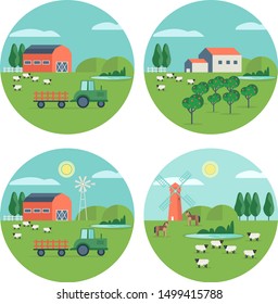 Agricultural work. A carton vector image in flat set agriculture plants, farm animals. Farm life


