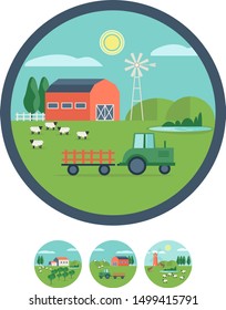 Agricultural work. A carton vector image in flat set agriculture plants, farm animals. Farm life