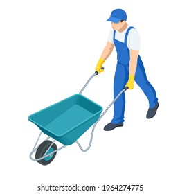 Agricultural work. Farming activity of farmer. Isometric farmer with a wheelbarrow. Organic farm products. Male working on harvesting season.