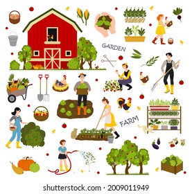 Landwirtschaftliche Arbeit. landwirtschaftliche Tätigkeit, Vektor. Illustration der landwirtschaftlichen Tätigkeit, Flachbauern. Garten, Bauernhof und Landwirtschaft.