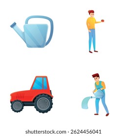 Agricultural work icons set cartoon vector. Agriculture worker grows vegetable. Farming harvest, organic production