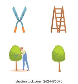 Agricultural work icons set cartoon vector. Professional gardener with equipment. Garden service