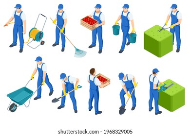 Agricultural work. Isometric isolated icons of man working on farm, in garden. Man hands cuts branches, digging soil with a shovel, farmer watering a vegetable garden, cleans with a rake