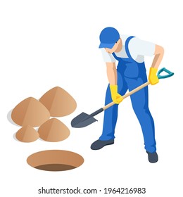 Agricultural work. Isometric man digging soil with a shovel. Farming activity of farmer. Work in the garden. Man digs a hole to plant a tree.
