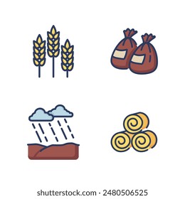 Agricultural work line icon set. Wheat, bags of grain, watering and haystack. Growing crops concept. Vector illustration for web design and apps