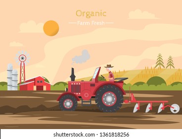 Agricultural work on a field with tractor. organic farm fresh cartoon style. Vector illustration