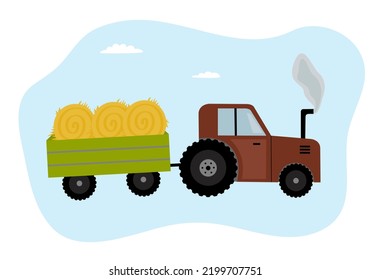 Agricultural work. Tractor. Autumn. Harvesting. Hay bales. Vector illustration 