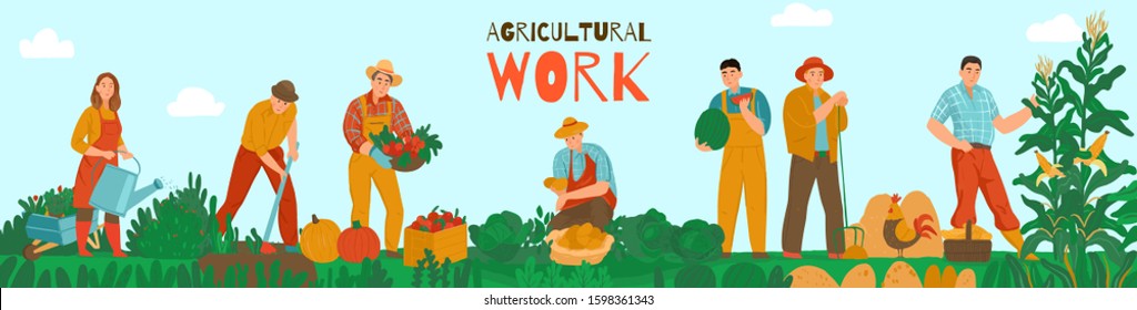 Agricultural work. vector horizontal illustration