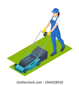 Agricultural work. Woman lawn mower grass cutting farmer harvest in garden . Lawn mover on green grass. Machine for cutting lawns.