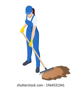 Agricultural work. Woman working in garden with rake leveling ground. Soil preparation for seeding and planting, garden tools, gardening, rake, soil, outdoor work concept.