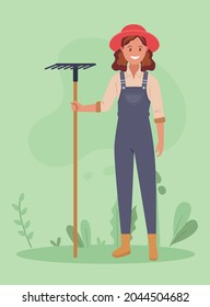 Agricultural work. A woman is working in the garden with a rake, leveling the ground. Vector illustration in a flat style.