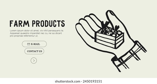 Agricultural worker or farmer hand hold basket and sell fruits and vegetables from his farm on market. Hand drawn simple ink vector illustration. Farming, agriculture, local organic production concept