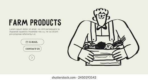 Agricultural worker or farmer hold crate and sell fruits and vegetables from his farm at market. Hand drawn simple ink vector illustration. Farming, agriculture or local organic production concept.