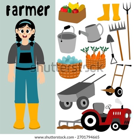 Agricultural worker set. Farm workers ready. Farmer Character Harvesting in the Field. Fruit yield, shovel, hoe, farming tools