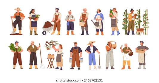 Agricultural worker set. Farmers, countryside rural characters, farming. Happy people during farm and garden works with crops, harvest, shovel. Flat vector illustrations isolated on white background