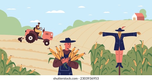 Agricultural workers. Cartoon farmers harvest corn. Man plowing soil by tractor. Countryside people. Maize cultivation. Field scarecrow. Ripe plant crop. Farming