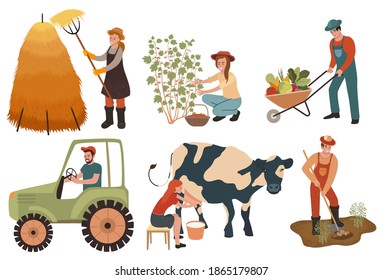 Agricultural workers. Farmers do agricultural work, planting and gathering crops Woman milks a cow and picking berries. Cartoon characters doing farming job. Vector illustration