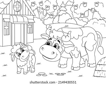 Agricultural yard. Cow and calf. Children coloring book.