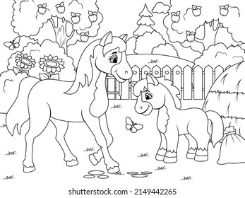 Agricultural yard. Horse and foal. Children coloring book.