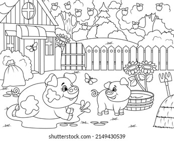 Agricultural yard. Pig and piglet. Children coloring book.