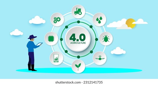 Agricultura 4.0, Internet de cosas IoT y tecnología agrícola moderna Concepto con íconos. Ilustración de personas con vectores de caricatura