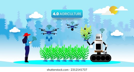 Agricultura 4.0, Internet de cosas IoT y tecnología agrícola moderna Concepto con íconos. Ilustración de personas con vectores de caricatura