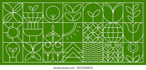 Agriculture abstract modern line geometric pattern. Vector eco farming and green energy background with linear plants, sprouts and leaves, water waves, flowers, light bulb and sun, windmill or tree