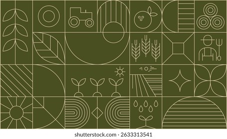Agriculture abstract modern line geometric pattern. Vector eco farming and green energy background with linear plants, sprouts and leaves, water waves, flowers, light bulb and sun, windmill or tree.