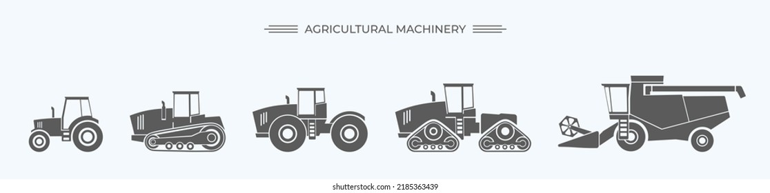 Agriculture and agricultural machinery vehicles flat SVG icons collection set. Harvester, tractor. Agronomy. Farm. Vehicle for field farming work and land  processing. Isolated vector illustration svg