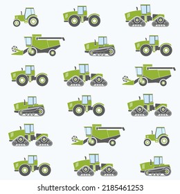 Agriculture and agricultural machinery vehicles flat icons collection set. Harvester, tractor. Seamless pattern. Farm. Vehicle for field farming work and land  processing. Isolated vector illustration