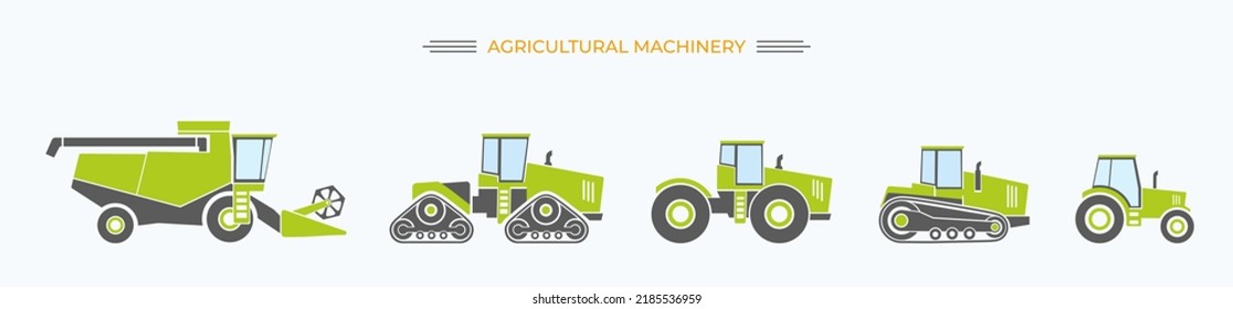 Agriculture and agricultural machinery vehicles flat icons collection set. Harvester, tractor, agrimotor.Agronomy.Farm.Vehicle for field farming work and land  processing. Isolated vector illustration svg