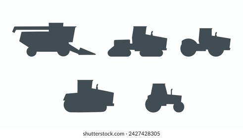 Agriculture and agricultural machinery vehicles flat icons collection silhouette set. Harvester, tractor. Agronomy.Farm.Vehicle for field farming work and land processing. Isolated vector illustratio svg