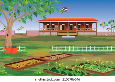 agriculture area in front of school building vector design