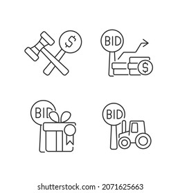 Los componentes de la subasta de agricultura establecen iconos lineales. Incrementos de puja. Ganadora de la subasta. Venta de equipos agrícolas. Símbolos de contorno de línea delgada personalizables. Ilustraciones aisladas del contorno vectorial. Trazo editable