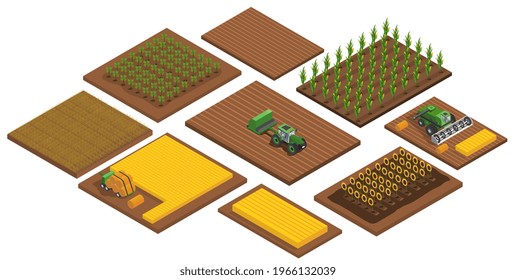 Agriculture automatic guided robots harvest. 3d view. Flat abstract metaphor outline cartoon vector illustration concept design. Simple art isolated on white background